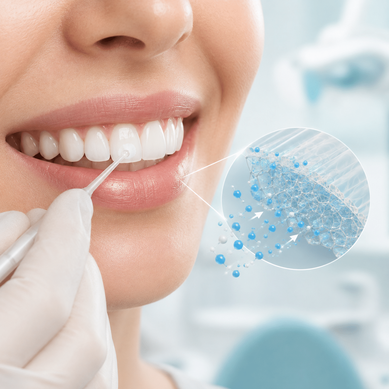 Curodont Repair peptide solution being applied to a tooth, with an inset showing the P11-4 scaffold rebuilding enamel